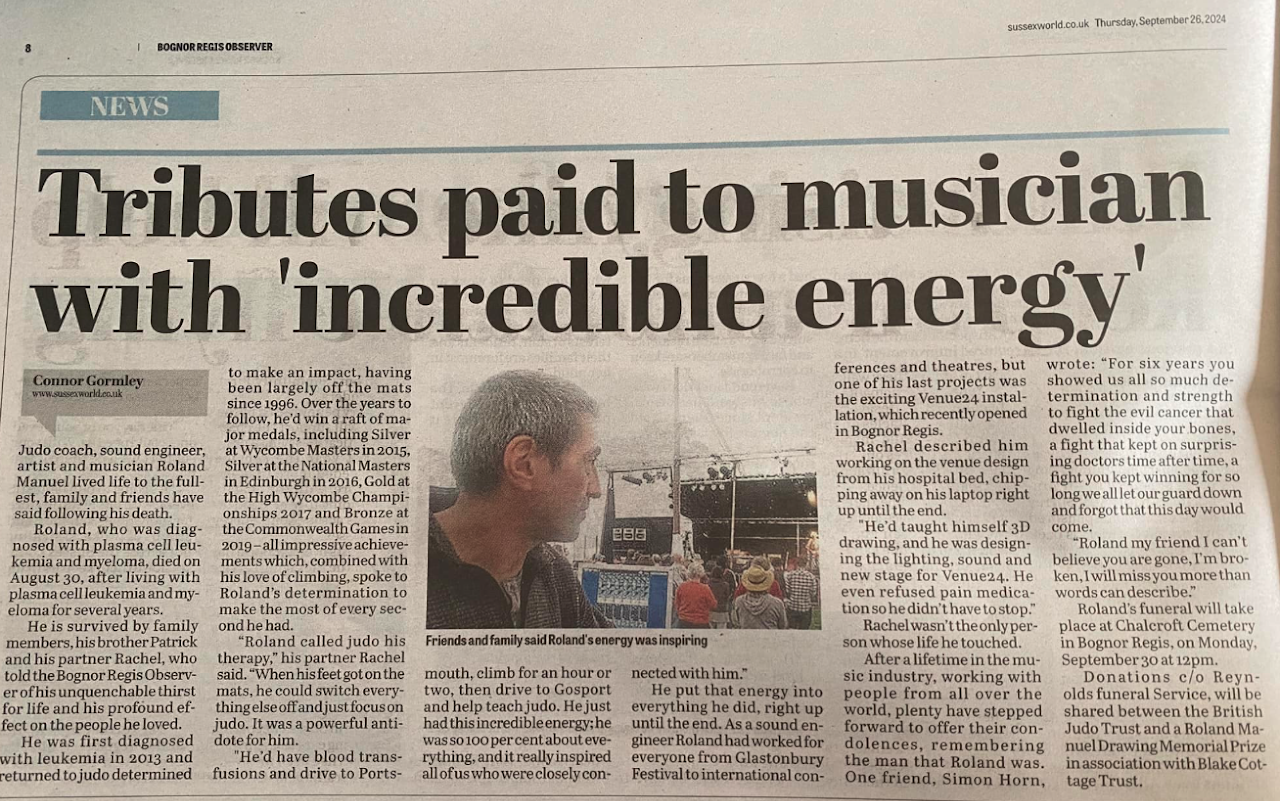 A newspaper article titled Tributes paid to musician with 'incredible energy' features a photo of a man at a music event.