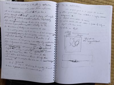 Open notebook with handwritten notes and sketches, including a map and a landscape drawing on the right page.