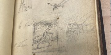An old sketchbook page with pencil drawings of figures, faces, and a person riding a horse.
