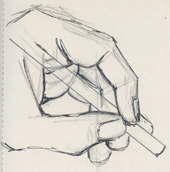 A hand is sketched holding a pencil between the thumb and fingers in a position ready to write or draw.