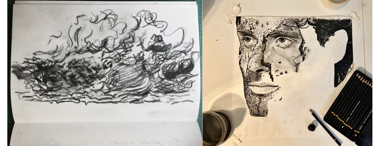 A charcoal sketch of swirling clouds sits next to a detailed ink portrait of a man and a set of drawing pencils.